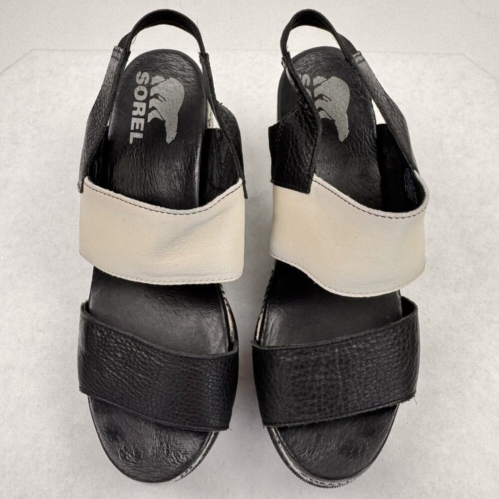 Sorel Womens 7.5 Wedge Sandals Black Beige Strappy Joanie II Slingback Chevron - Picture 8 of 13